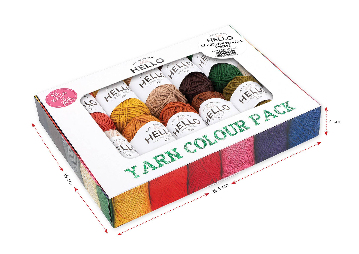 Hello 100% Cotton Gift Box Pack of 12 ~ 25gm Balls Light DK / 4ply Vintage, Vibrant & Pastel shades