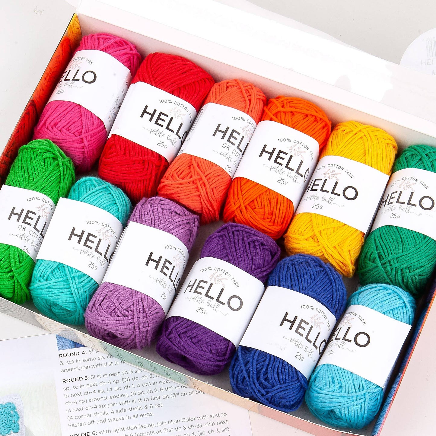 Hello 100% Cotton Gift Box Pack of 12 ~ 25gm Balls Light DK / 4ply Vintage, Vibrant & Pastel shades