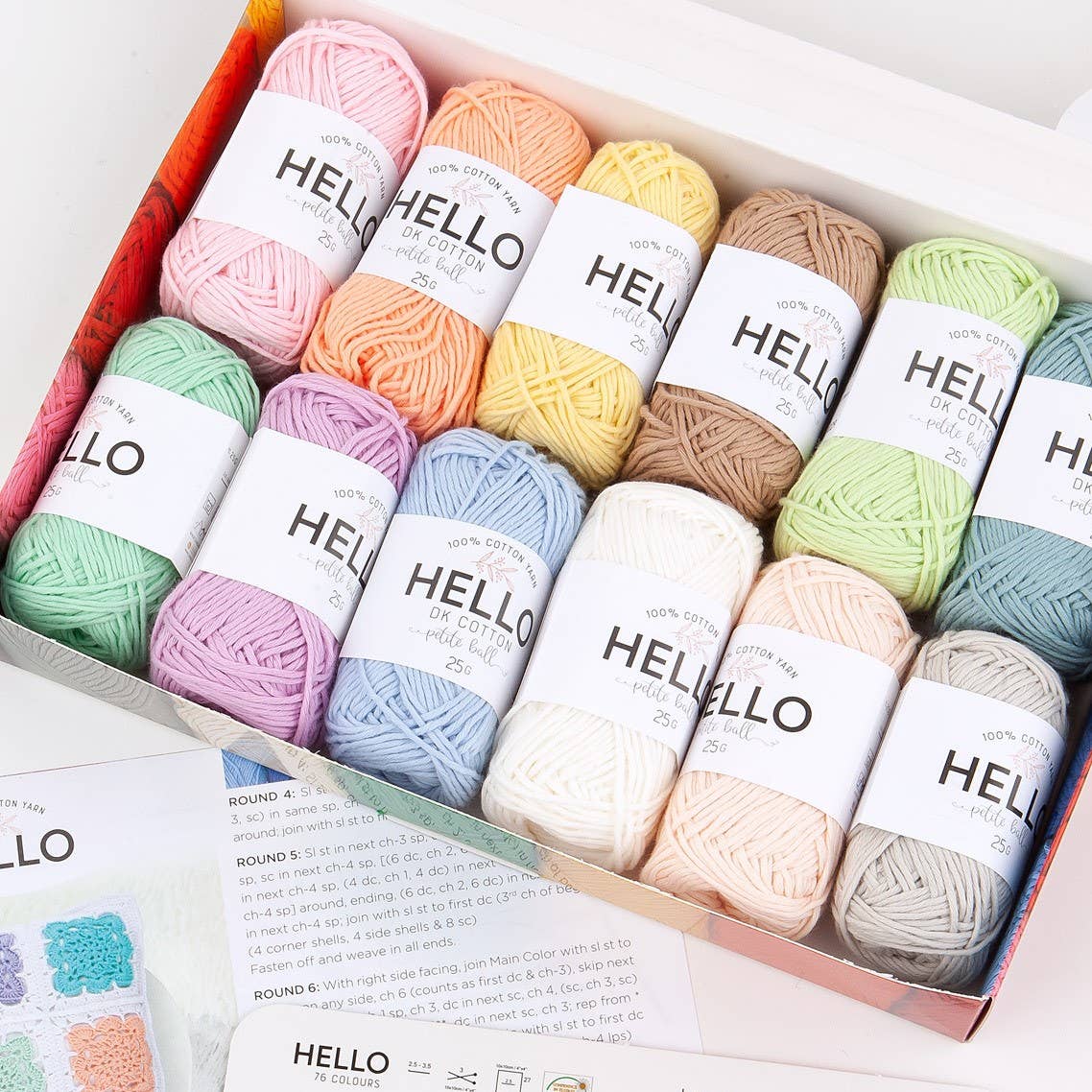 Hello 100% Cotton Gift Box Pack of 12 ~ 25gm Balls Light DK / 4ply Vintage, Vibrant & Pastel shades