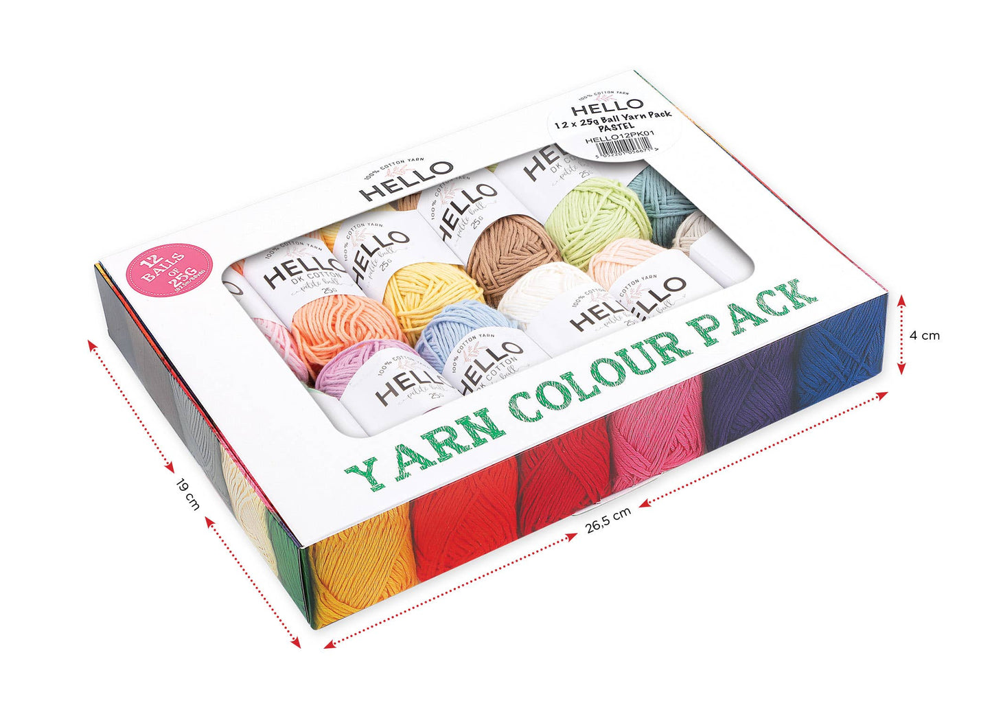 Hello 100% Cotton Gift Box Pack of 12 ~ 25gm Balls Light DK / 4ply Vintage, Vibrant & Pastel shades