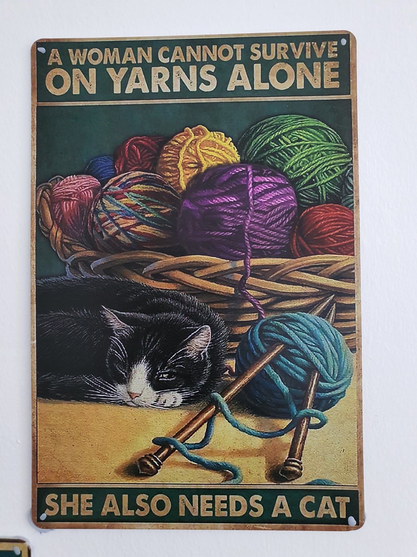 A woman cannot survive on yarns alone ~ Funny Craft Room Sign