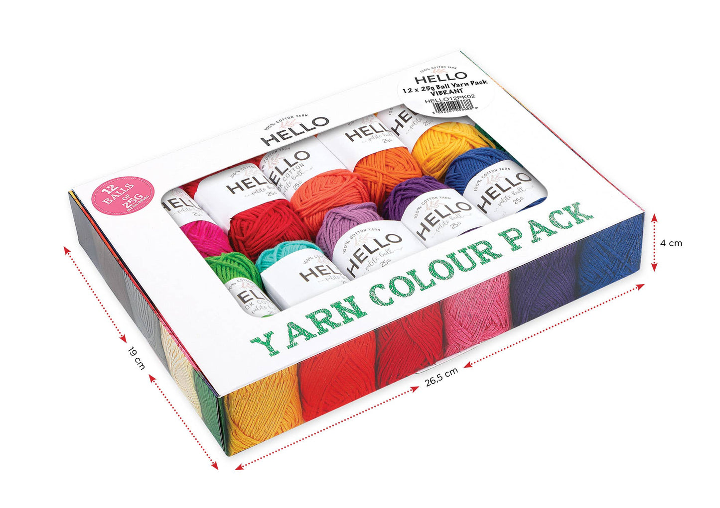 Hello 100% Cotton Gift Box Pack of 12 ~ 25gm Balls Light DK / 4ply Vintage, Vibrant & Pastel shades
