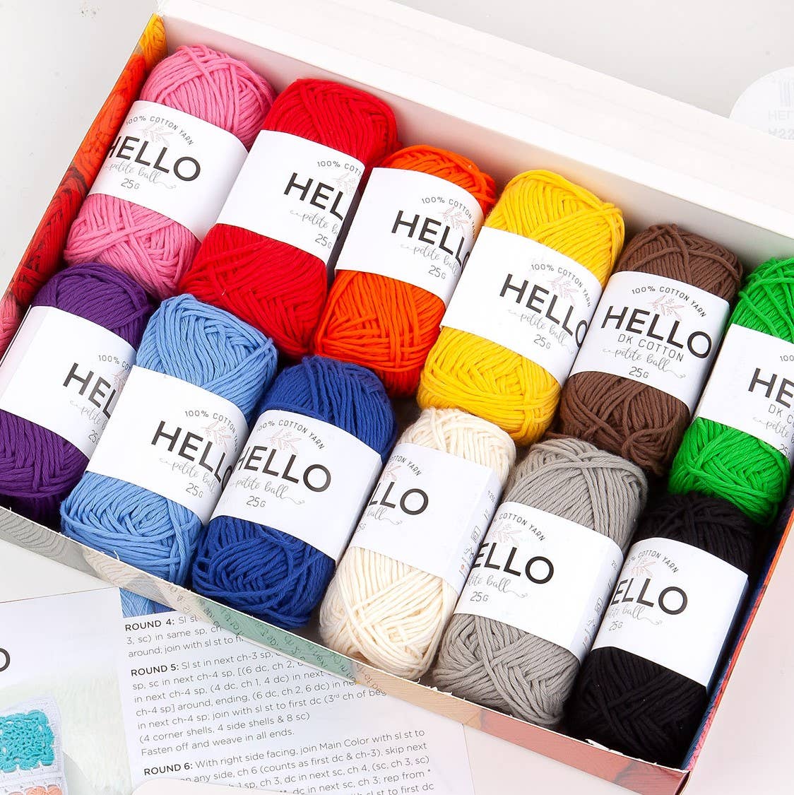 Hello 100% Cotton Gift Box Pack of 12 ~ 25gm Balls Light DK / 4ply Vintage, Vibrant & Pastel shades