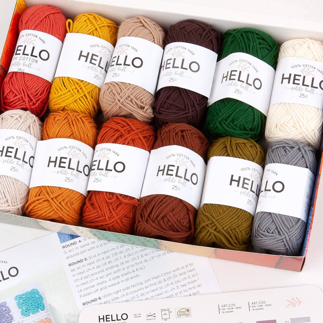 Hello 100% Cotton Gift Box Pack of 12 ~ 25gm Balls Light DK / 4ply Vintage, Vibrant & Pastel shades