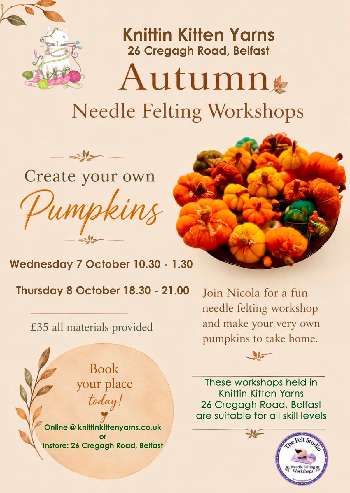 Felting Class ~ Create your own Pumpkins Thursday 8th October 6.30pm - 9.30pm